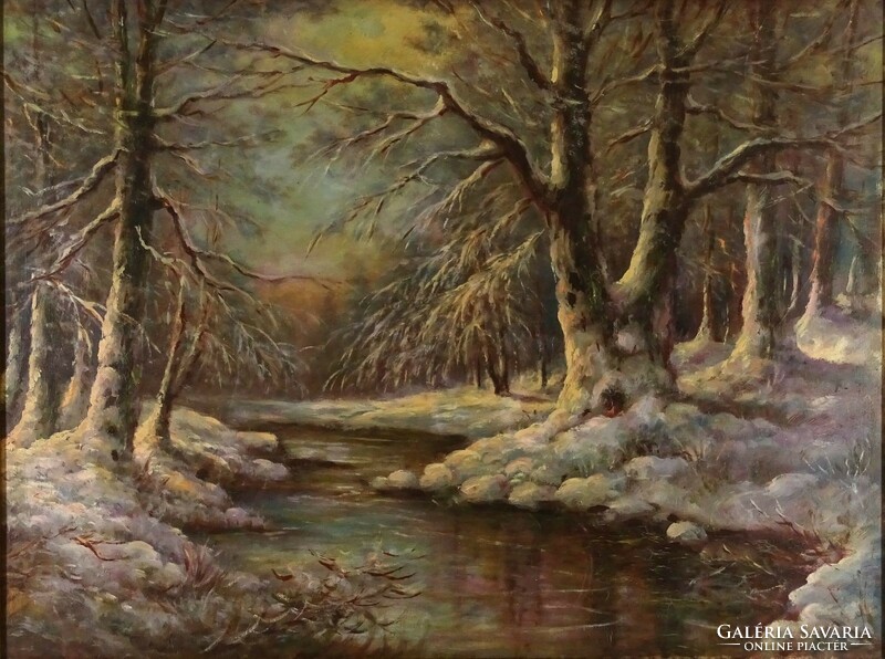 1O331 xx. Century painter: snowy forest with stream 74 x 95 cm