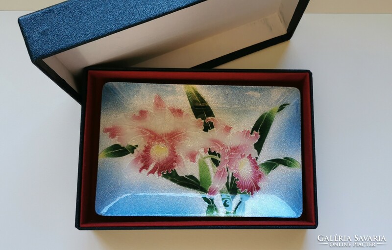 Orchideás tűzzománc tálka Japánból