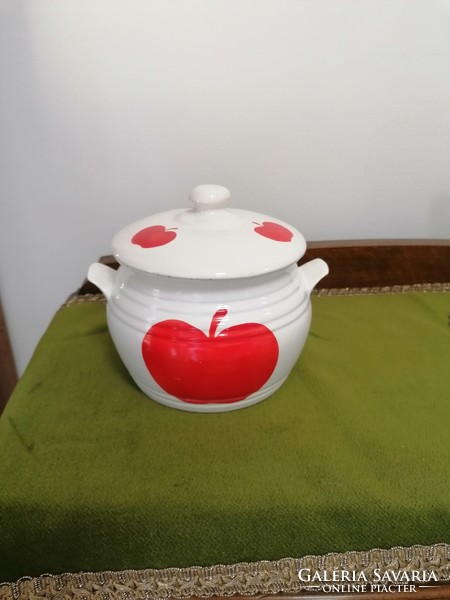 Granite pot with lid, red apple pattern