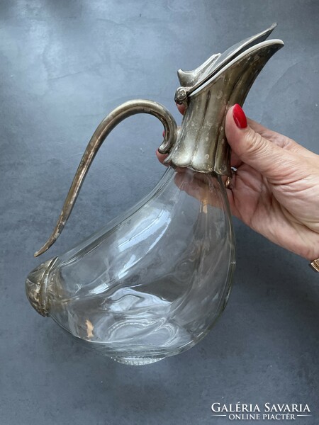 Silver-plated, special duckbill glass carafe, spout