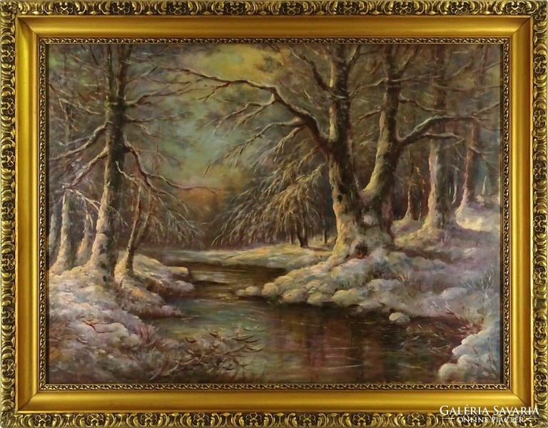 1O331 xx. Century painter: snowy forest with stream 74 x 95 cm