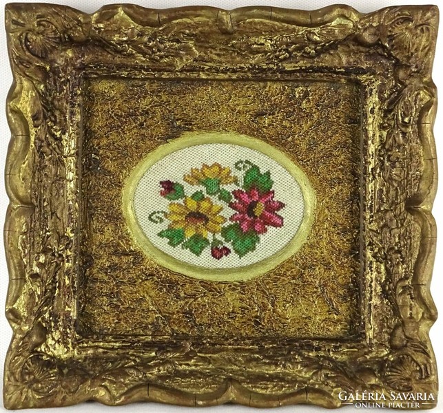1O326 old tapestry in a gilded frame 22.5 X 24 cm