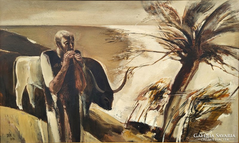 132x82cm Dér István (1937 - 1993) Furulyázó c. Műcsarnokban kiállítva festménye Eredeti Garanciával!