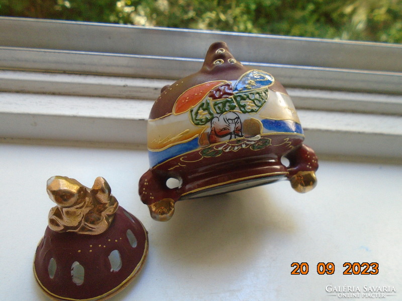 Hand-painted satsuma moriage incense burner with lid on 3 legs, kannon and rakan pattern