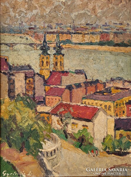 János Gyelmis Lukács (1899 - 1979) picture gallery painting of Budapest cityscape with original guarantee!