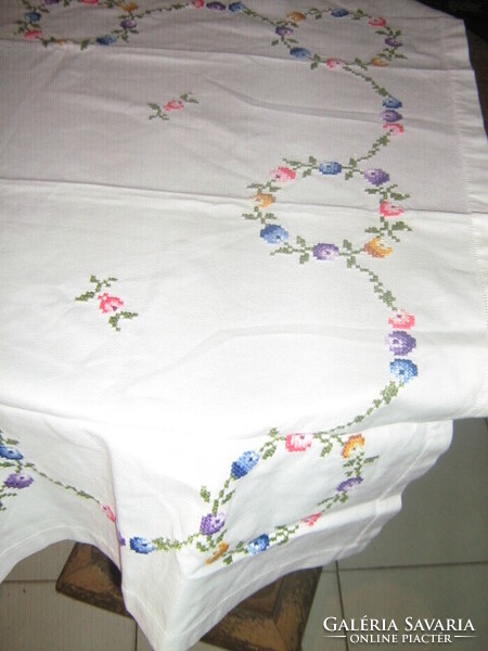 Beautiful hand embroidered cross stitch floral needlework tablecloth