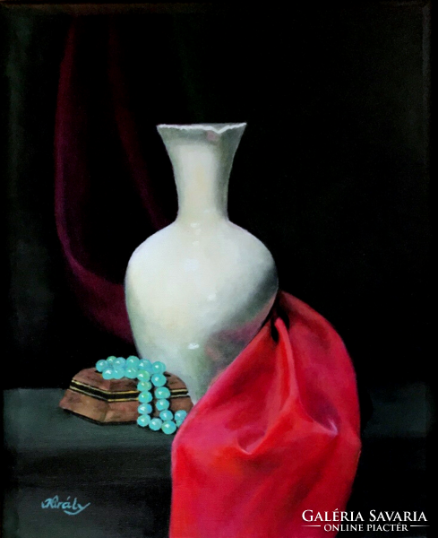 Csendélet fehér vázával - olajfestmény - 50 x 40 cm