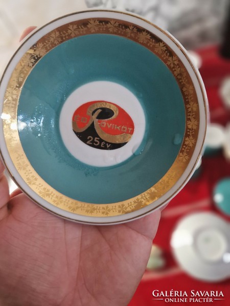 Türkiz színű  aranyszegélyes Hollóházi porcelán csésze aljak cukortartó