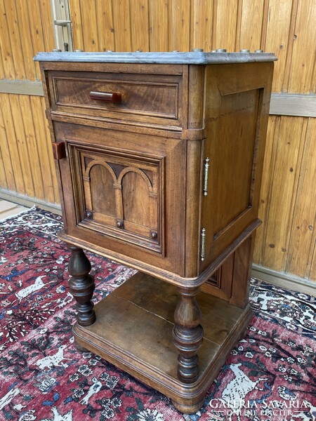Antique tin German marble flat carved bedside table