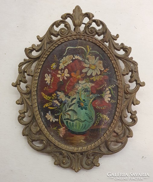 Copper in Florentine frame, small oil painting, bouquet of flowers, old, wonderful work