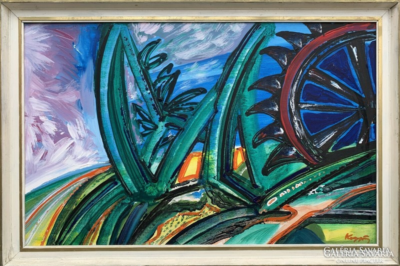 Koppány Attila (1947-) Amazónia (1995) című REPRODUKÁLT olajfestménye /60x95 cm/