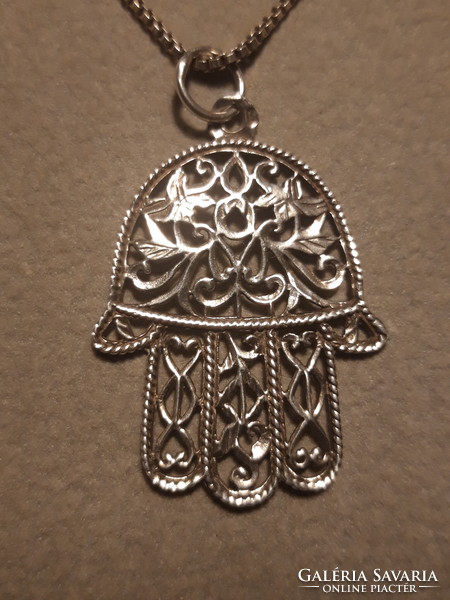 Régi, nagyméretű, magyar fémjeles "Fatima keze" - ezüst medál, ezüst láncon