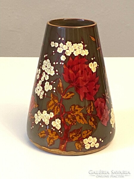 Painted Zsolnay eozin vase decorated with blossoming roses and cherry blossoms, 13 cm