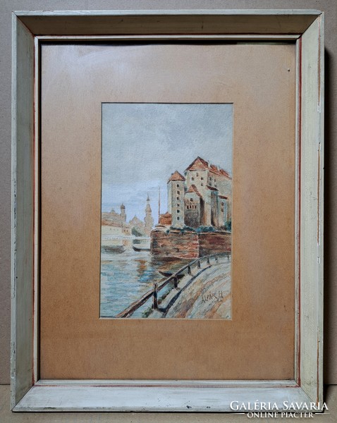 Riverside cityscape - old watercolor with sub-pair h mark