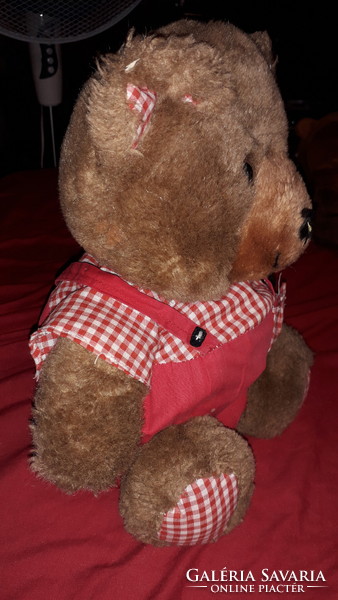 Régi aranyos plüss maci TEDDY MACI kockás ingben, kantáros gatyával 30 cm hibátlan a képek szerint