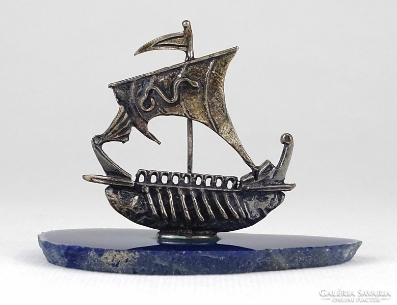 1O516 Greek silver galleon ship on blue lapis stone pedestal in box