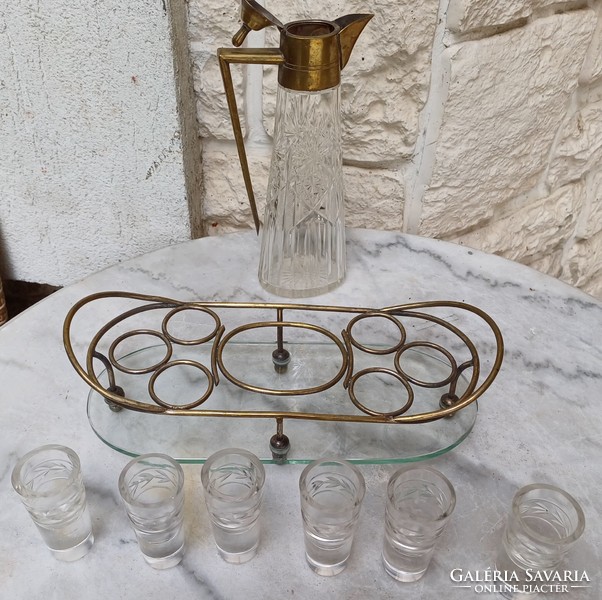 Antik Szecessiós asztalközèp ital kinàló röviditalik snapsz lijör üveg poharak,karaffa