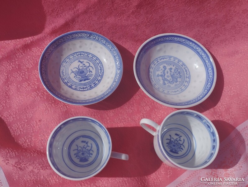 Chinese rice grain porcelain coffee cup with bottom, 2 pairs