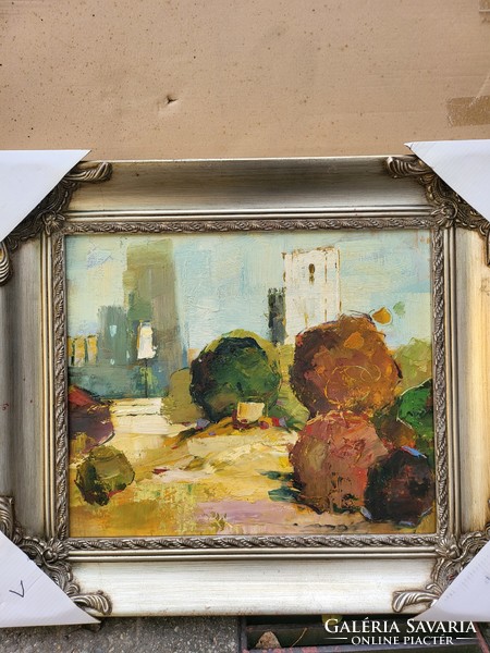Impressionist oil on canvas painting, street side snapshot