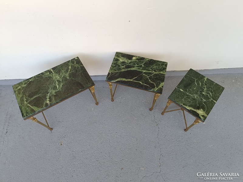 Antique 3 piece patina copper leg green marble onyx collapsible small table table row 789 7791
