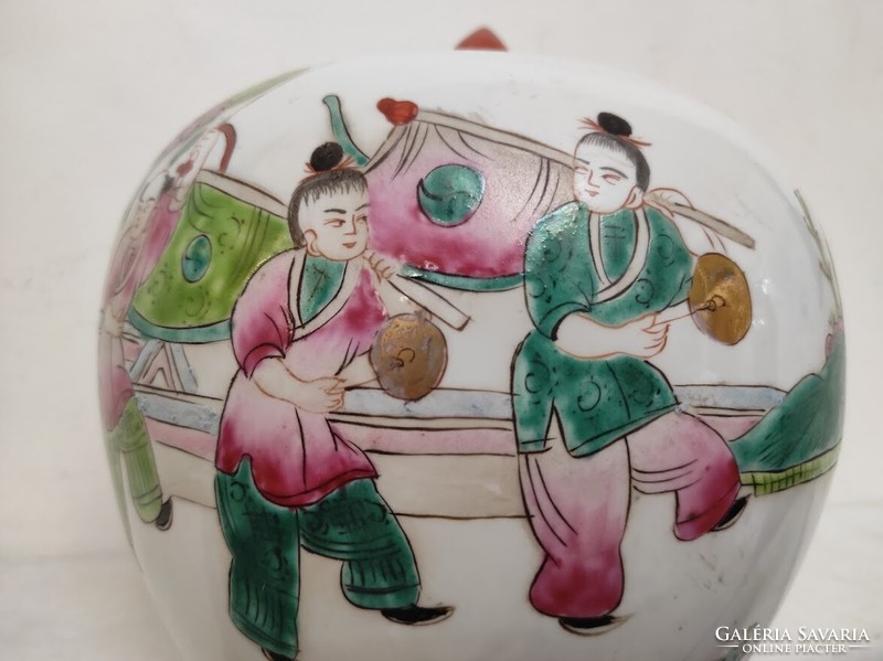 Antik kínai porcelán tojás alakú sokalakos színes fedeles urna váza életkép jelenettel 155 5611