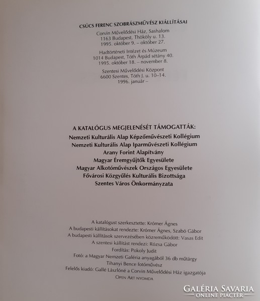 Catalog of the exhibition of the works of Ferenc Ccúcs, 1996