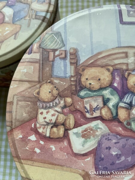 Old teddy bear pattern biscuit metal boxes together