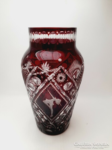 Bordó nagyméretű balerínás kristály váza, 30,5 cm