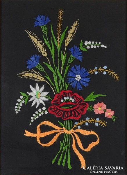 1O737 old embroidered cornflower framed needlework 42 x 32 cm