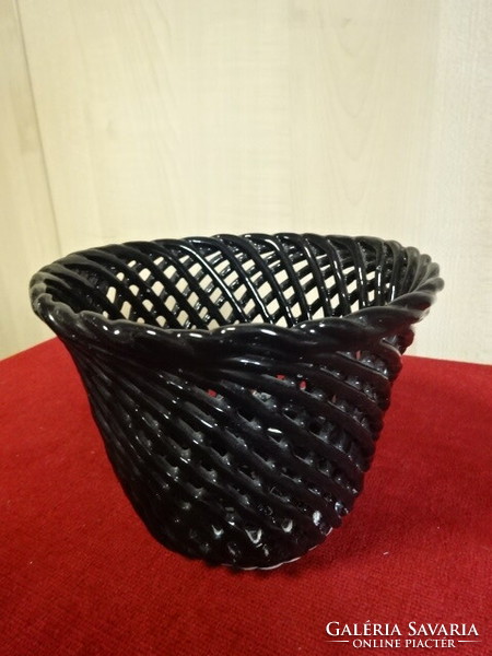 Black glazed ceramic openwork bowl, height 10.6 cm. Jokai.