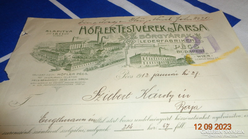 Pécsi Bőrgyár  , régi számla ,  Höffler Testvérek és Társa  1912  , Igazi patinás papír régiség