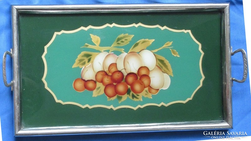 Old serving tray with glass insert in a metal frame, 34 x 19.5 Cm