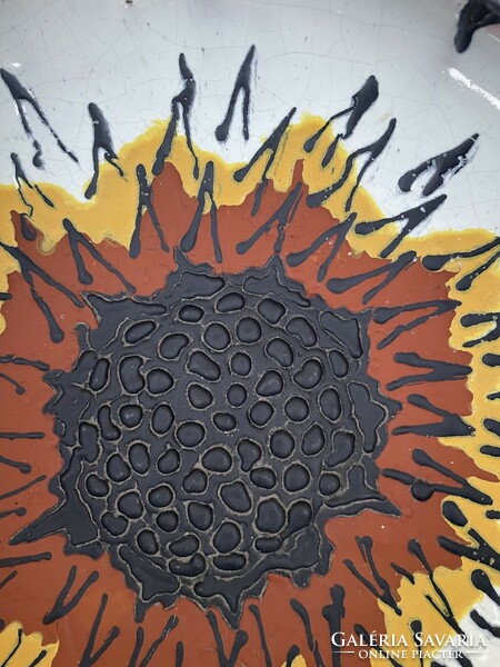 Marked sunflower Hungarian retro rustic ceramic bowl, industrial artist wall decoration