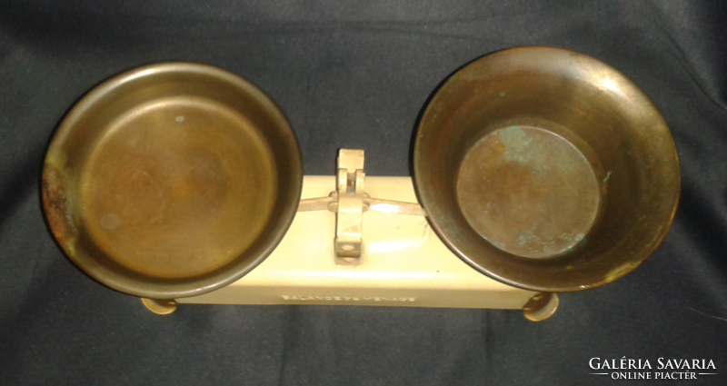 Balance de menage antique brand marked table scale with copper bowls