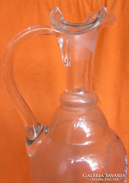 Antique hand-crafted jug, glass jug, 29 cm high with worn paint.