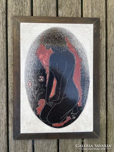 Signed applied art tile picture in a wooden frame