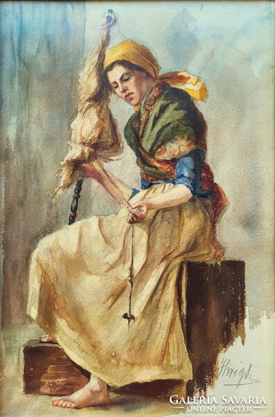 Ihrig Sarolta (1858 -? ) Fonó Leány c. antik festménye Eredeti Garanciával
