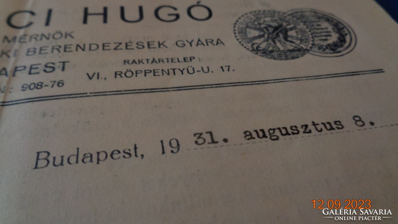 Építőipari gépészeti költségvetés  1931 .-ből ,  Rahoncai Hugó  Budapest