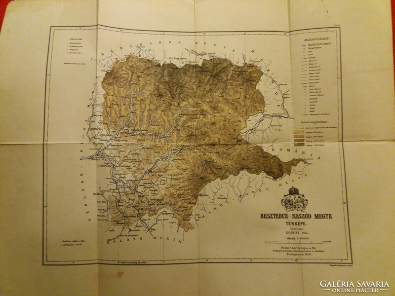 1888 Gönczy Pál által tervezett BESZTERCE -NASZÓD vármegye térkép Posner Károly & Fia 58 X 48 cm