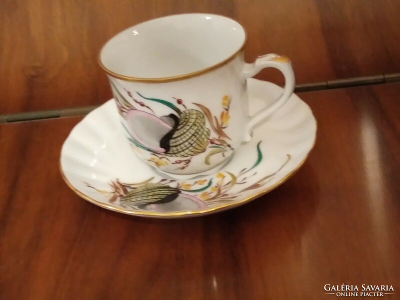 Hand-painted cup and saucer, shell pattern with decor, porcelain lip