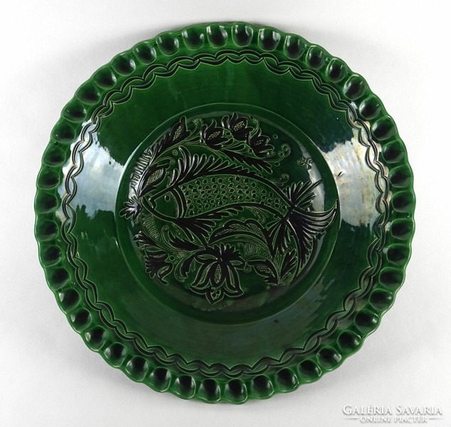 1O677 old green glazed large fish ceramic wall bowl 40 cm