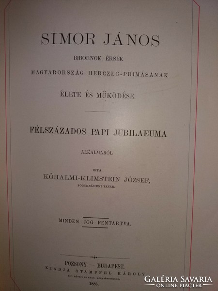1886 Kőhalmi-Klimstein József:: Simor János bíbornok, érsek herczeg-prímásának élete STAMPFEL