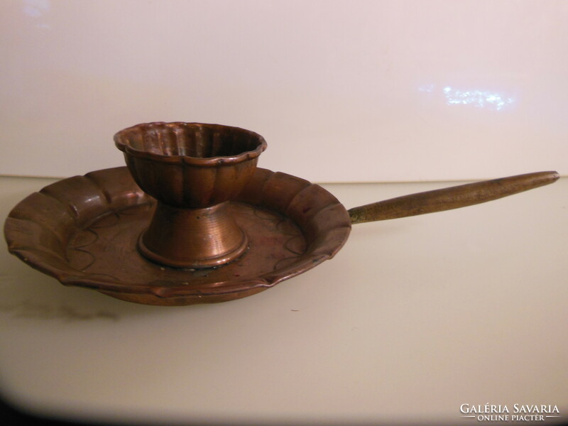 Candle holder - walking - copper - 35 dkg - 15 x 6 cm + handle 11 cm - antique - English - solid - flawless