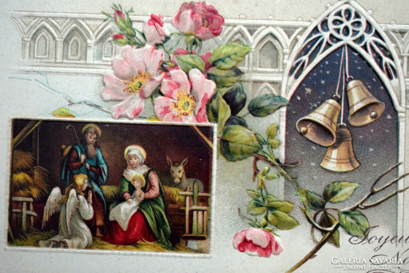 Antik dombornyomott Karácsonyi üdvözlő képeslap Szent Család  harangok vadrózsa több ablakos