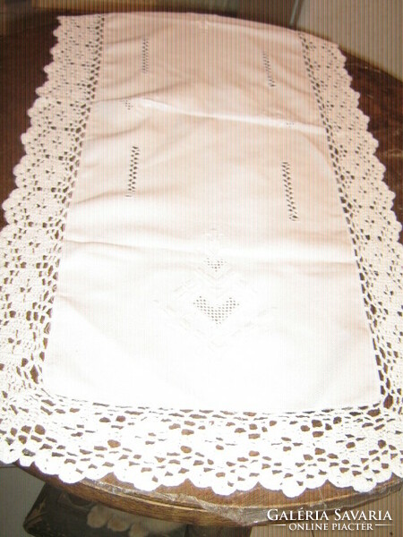 Beautiful handmade crocheted runner with hand embroidered white tablecloth