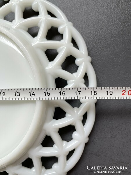 Milk glass plate decorated with really showy golden flowers on a brilliant snow-white background with an openwork edge