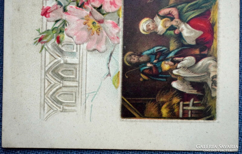 Antique embossed Christmas greeting card holy family bells wild rose multi-window