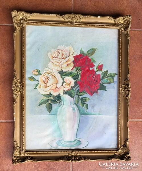 Rózsa, virág csendélet olaj festmény, vászon hordozó, üvegezett keretben 52x42 cm