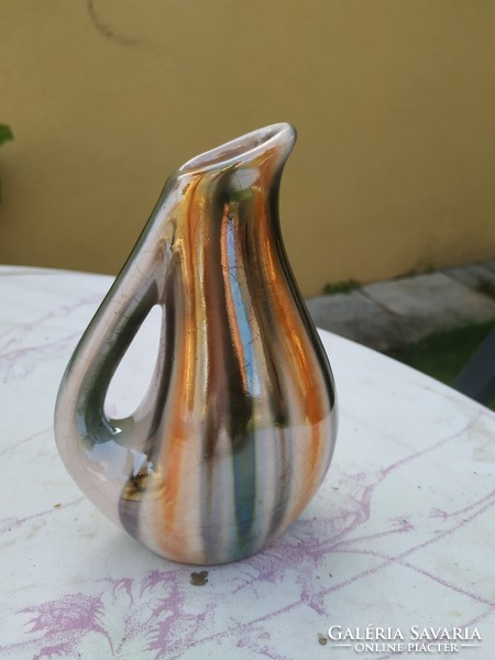 Ceramic, iridescent, striped vase for sale! 14 Cm