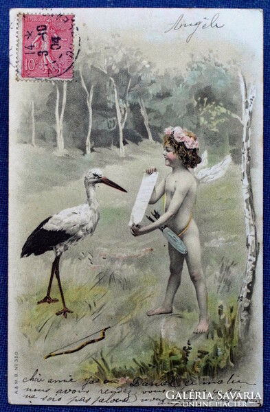 Antique a&m b greeting litho postcard putto and stork